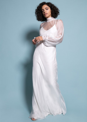 Long Sleeve Tie Neck Ivory Chiffon Bridesmaid Dress